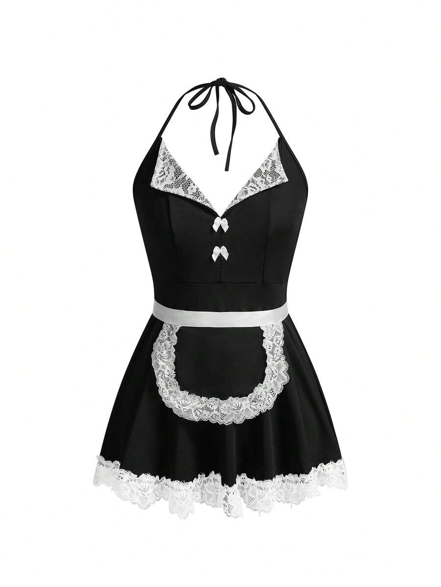 Black halter roleplay costume dress set featuring contrast lace, decorative bow, and adjustable shoulder straps.