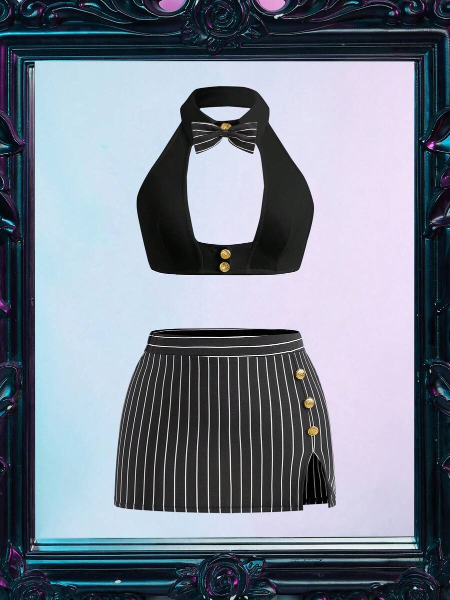 Black 4-piece women's secretary stewardess cosplay set featuring a stand collar top with bow and button details, short split skirt, wireless bralette, and thong.