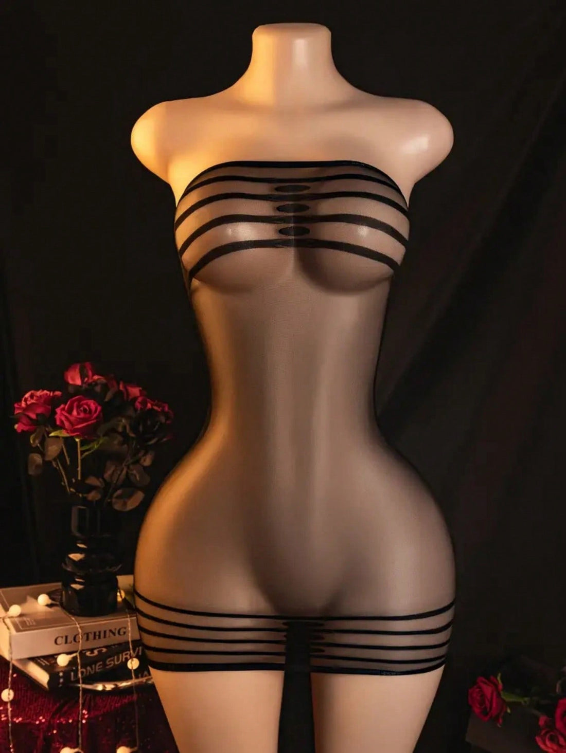 Black sheer striped long sleeve babydoll lingerie for women crafted from high stretch knitted fabric.