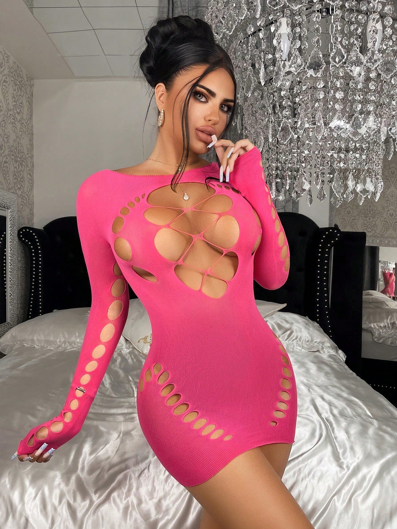 1pc Women's Sexy Fuchsia Bodycon Semi-Sheer Fishnet Dress, Suitable For Party, Nightclub, Beach