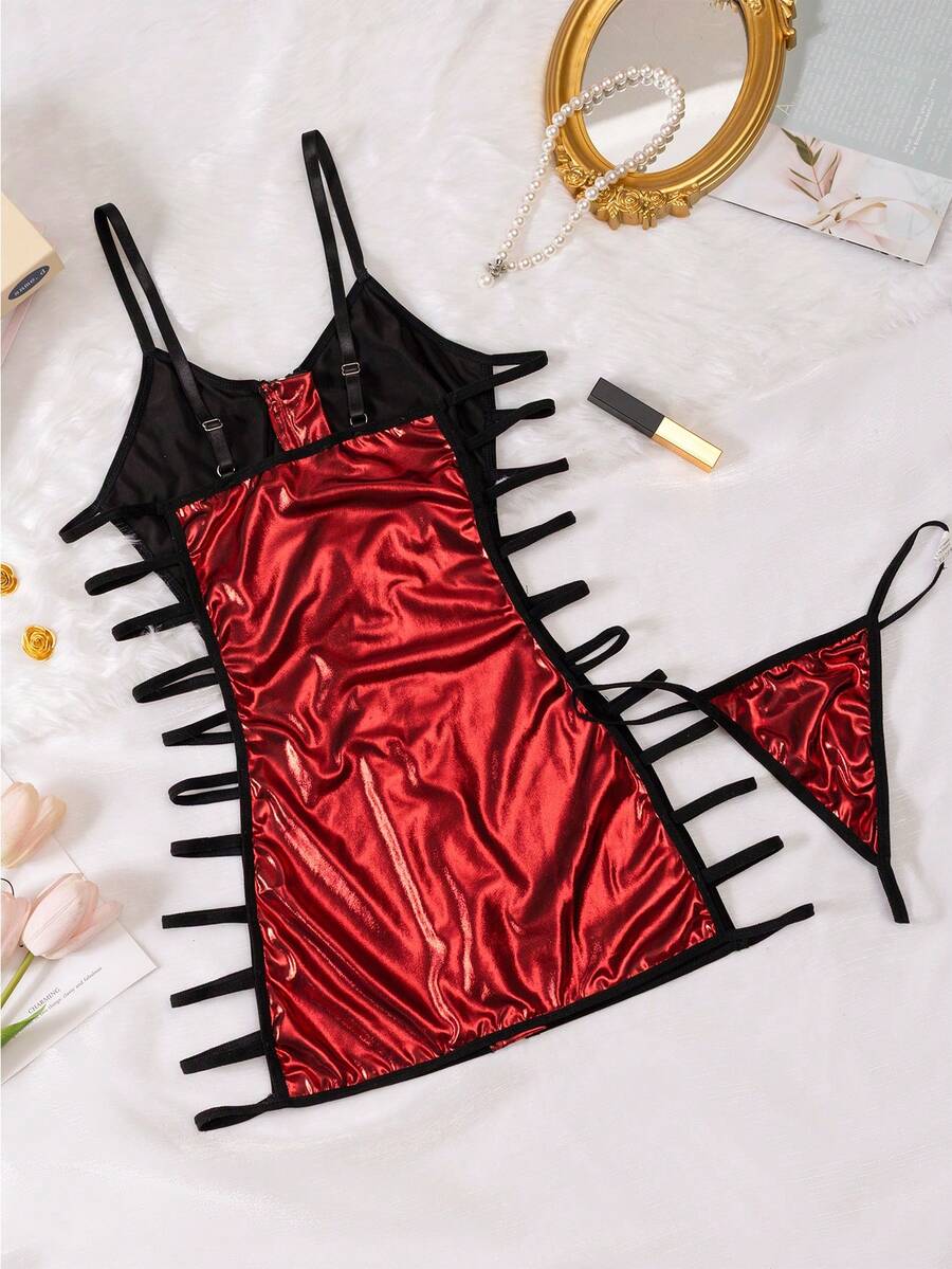 Women's 2-piece hollow out lingerie set featuring a black short slip nightgown with adjustable spaghetti straps and matching thong.