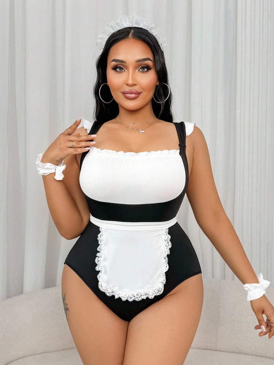 Black and white 5-piece sexy maid costume set featuring a square neck sleeveless bodysuit with frill trim, matching apron, gloves, and headpiece.