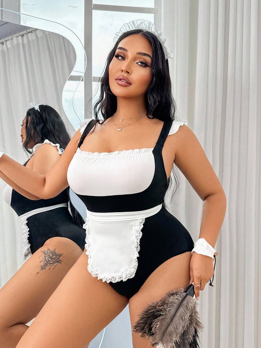 Black and white 5-piece sexy maid costume set featuring a square neck sleeveless bodysuit with frill trim, matching apron, gloves, and headpiece.