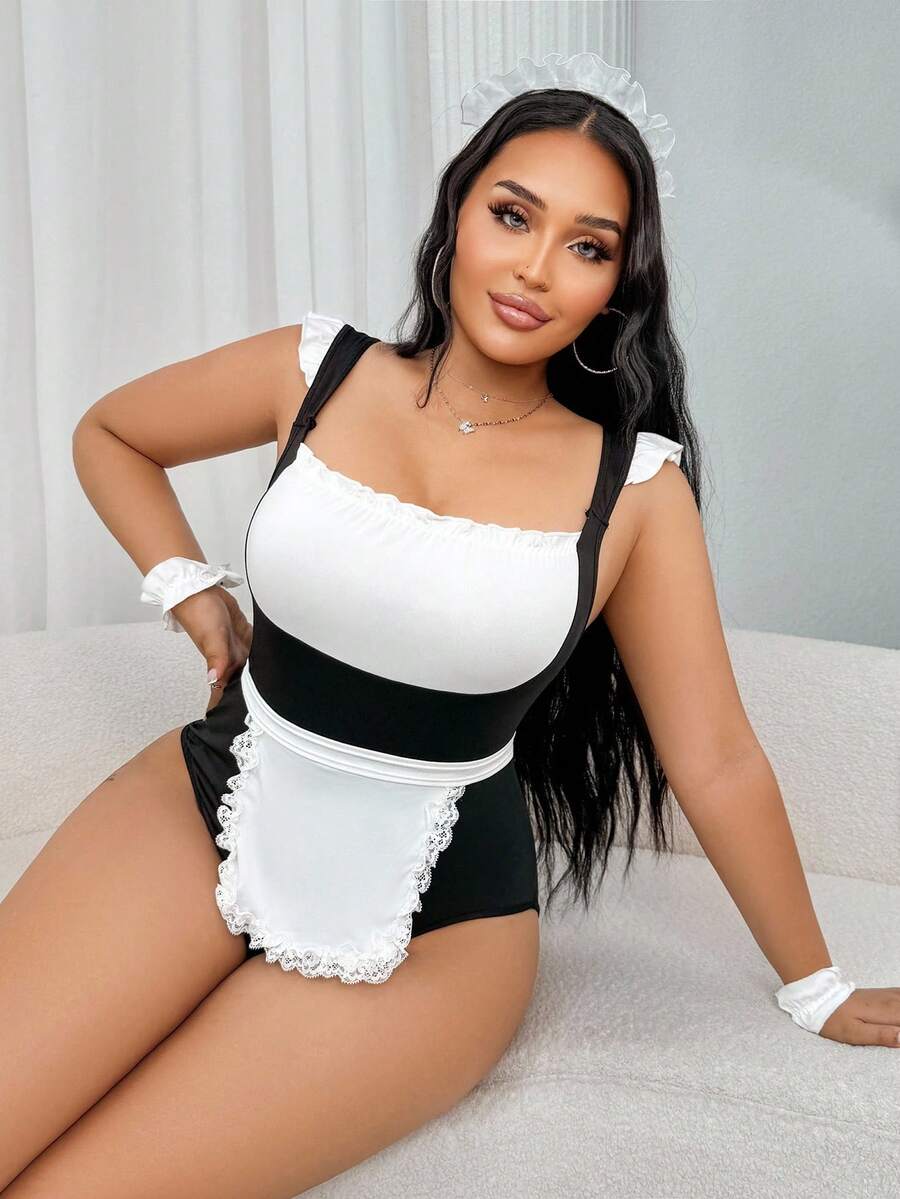 Black and white 5-piece sexy maid costume set featuring a square neck sleeveless bodysuit with frill trim, matching apron, gloves, and headpiece.