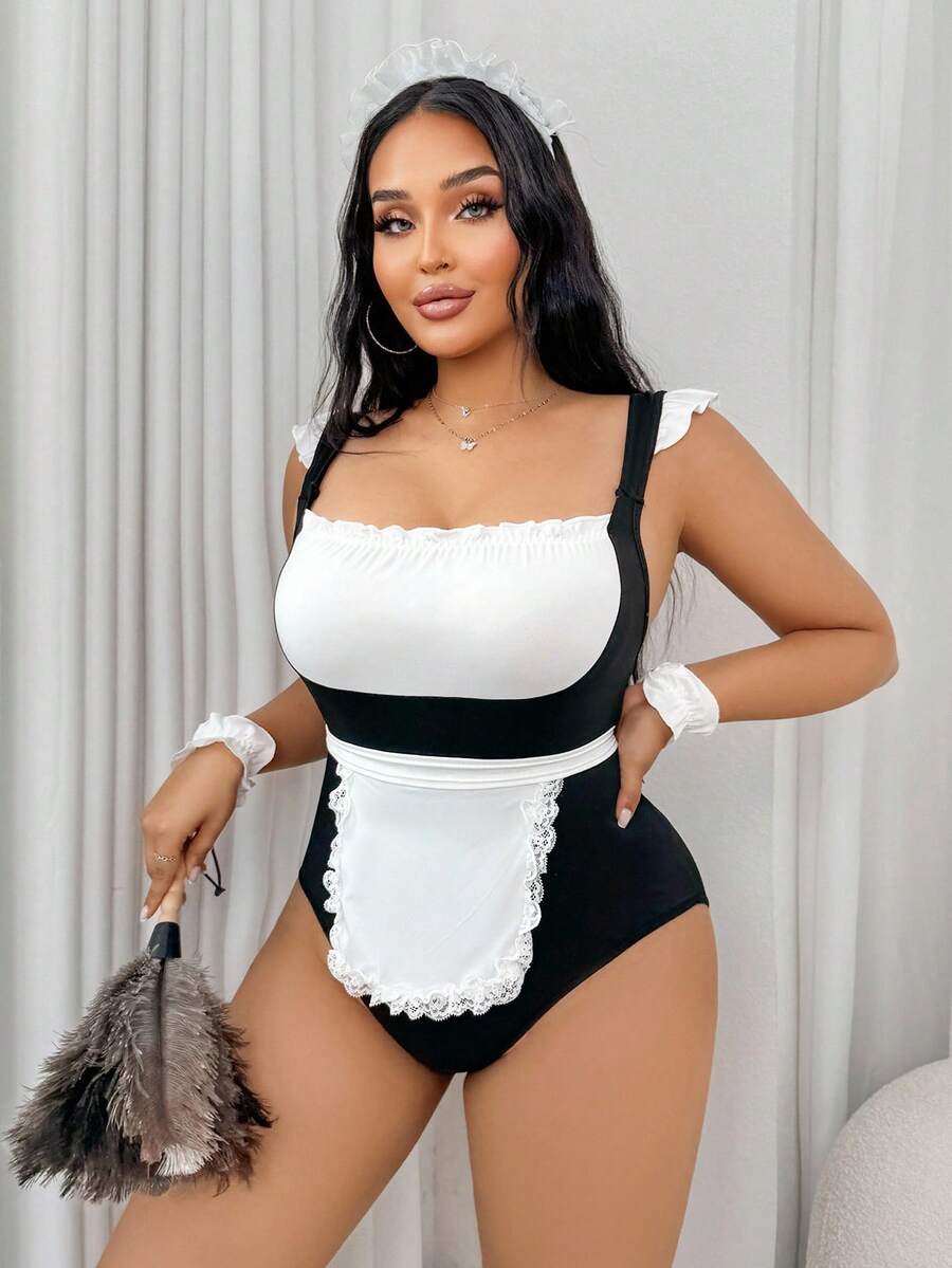 Black and white 5-piece sexy maid costume set featuring a square neck sleeveless bodysuit with frill trim, matching apron, gloves, and headpiece.