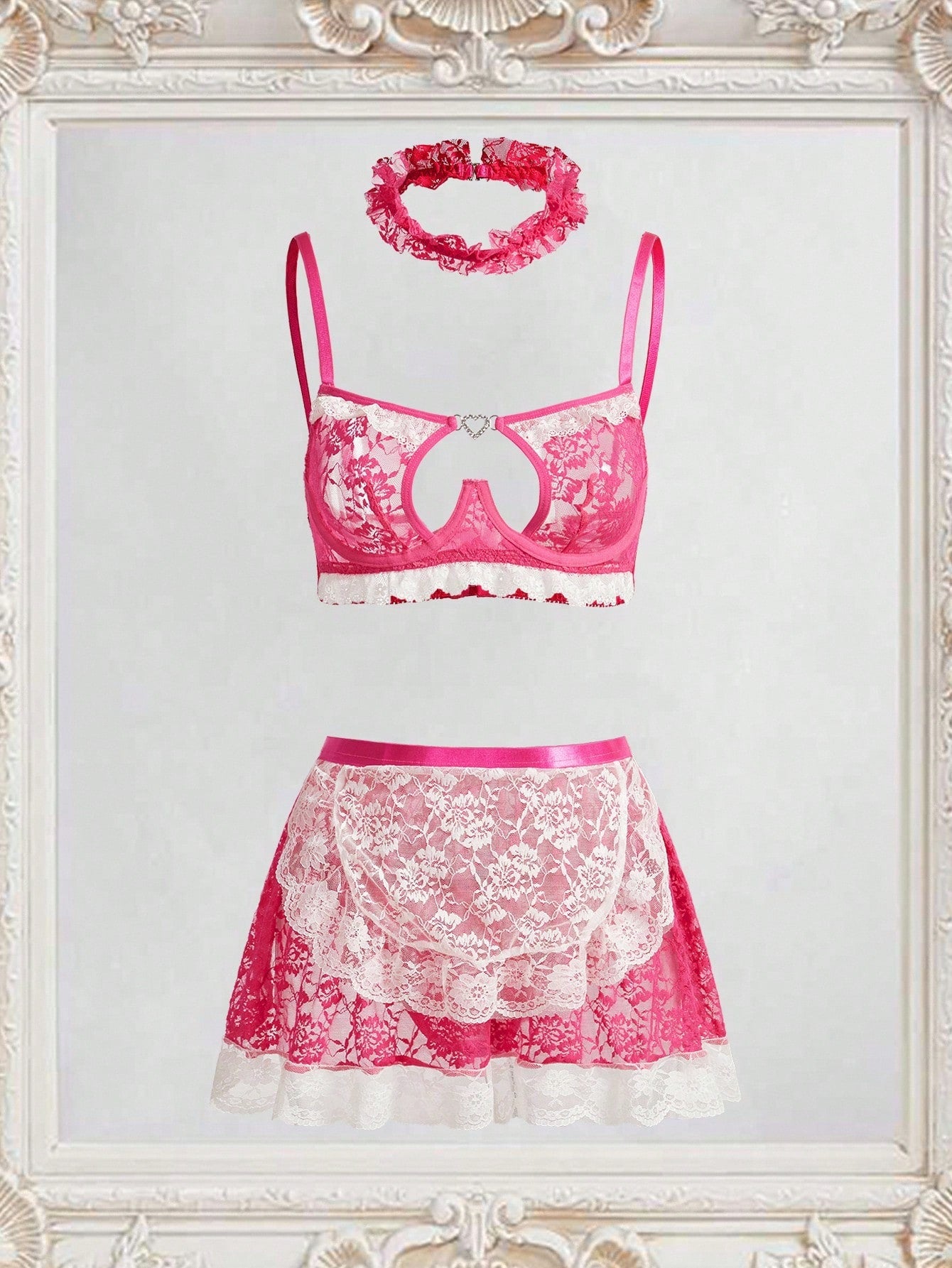 Women's 4-piece lace lingerie set with underwire bra, adjustable spaghetti straps, thong panty, short skirt, backless contrast lace details, and high-stretch fabric.