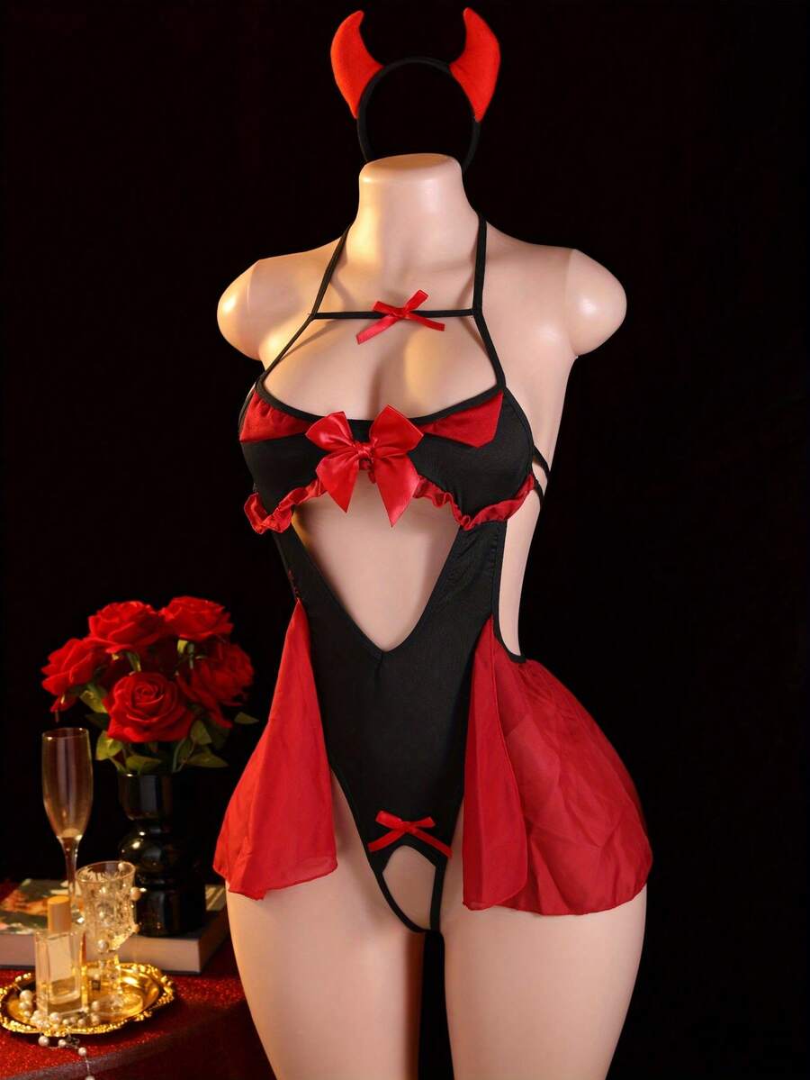 Black goth style demon cosplay lingerie teddy for women featuring halter neckline, backless design, adjustable straps, and low rise V-string bottom.