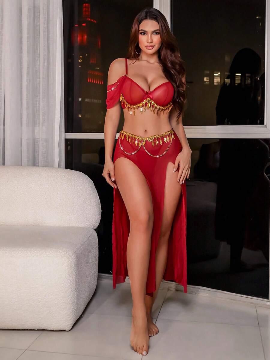 3-piece women's mesh long dress lingerie set featuring a sheer backless design with adjustable spaghetti straps and a split long skirt.