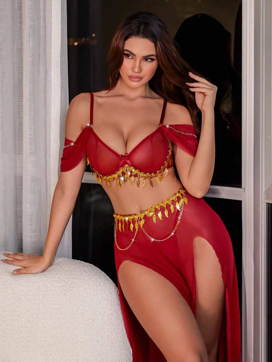 3-piece women's mesh long dress lingerie set featuring a sheer backless design with adjustable spaghetti straps and a split long skirt.