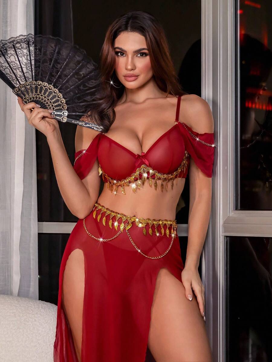 3-piece women's mesh long dress lingerie set featuring a sheer backless design with adjustable spaghetti straps and a split long skirt.