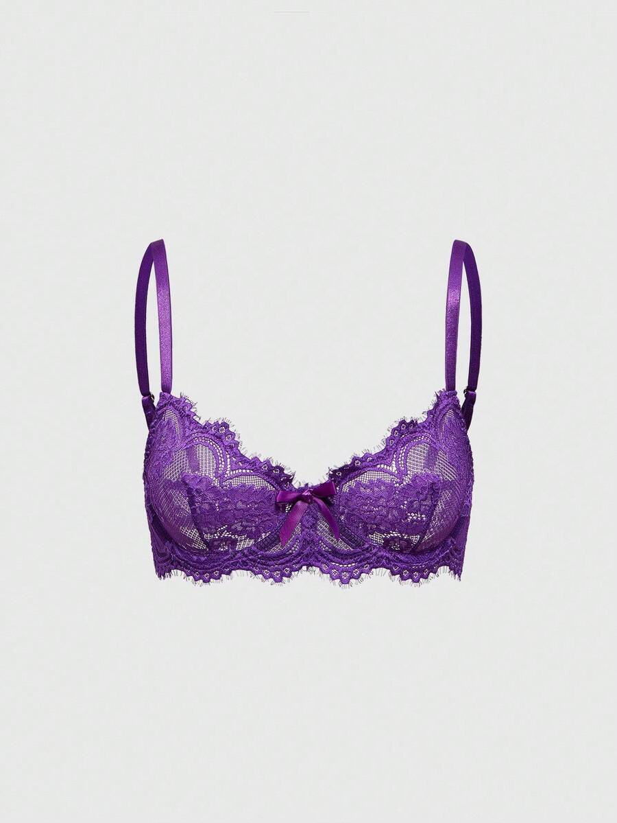 Black sheer floral lace plunge bra featuring underwire support, unlined triangle cups, adjustable straps, and a backless design for women.