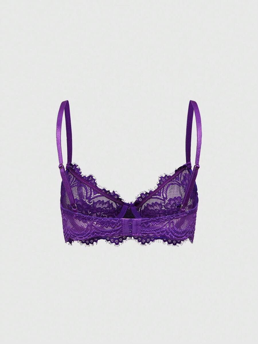 Black sheer floral lace plunge bra featuring underwire support, unlined triangle cups, adjustable straps, and a backless design for women.
