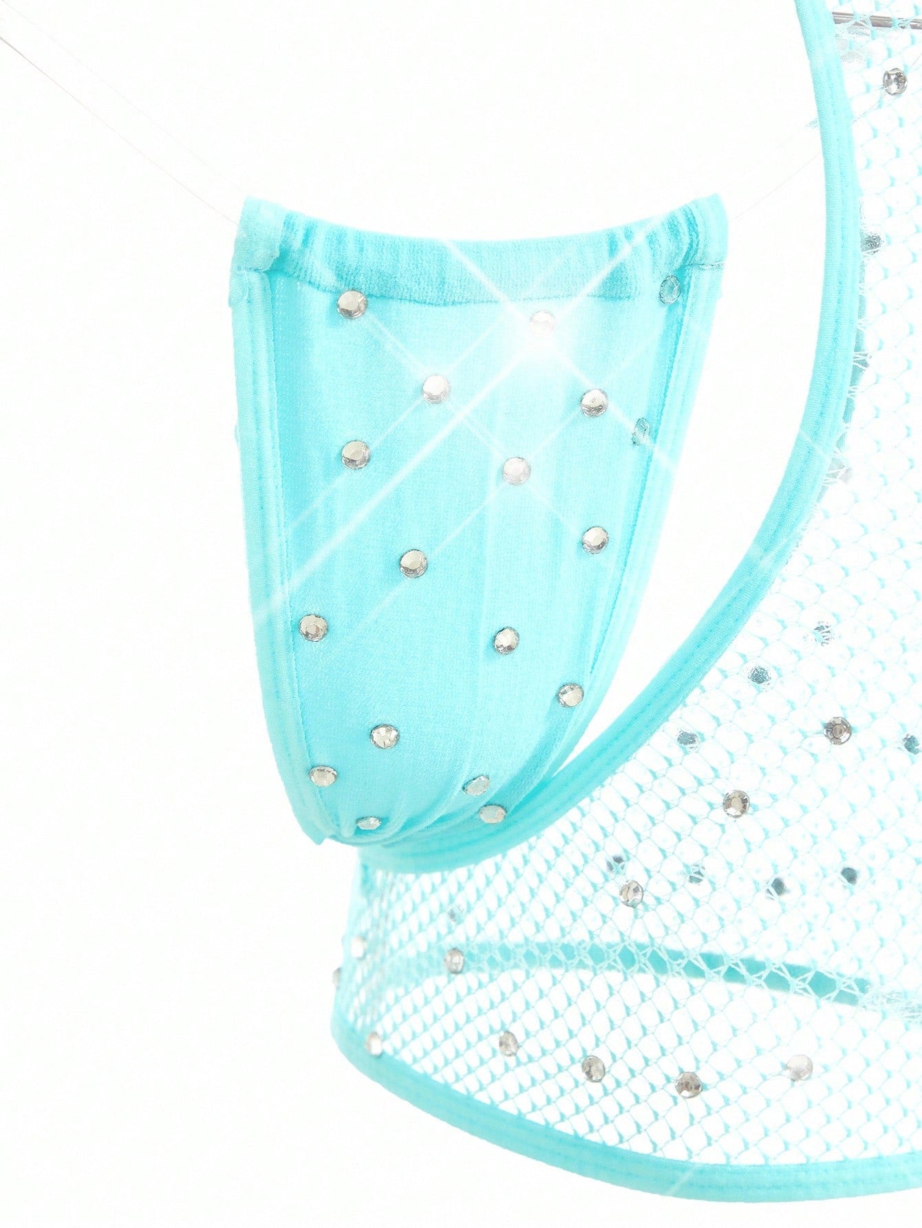 Women's 2-piece sheer lingerie set featuring an asymmetric strapless bodysuit with cut-out rhinestone details and a matching low-rise G-string thong.