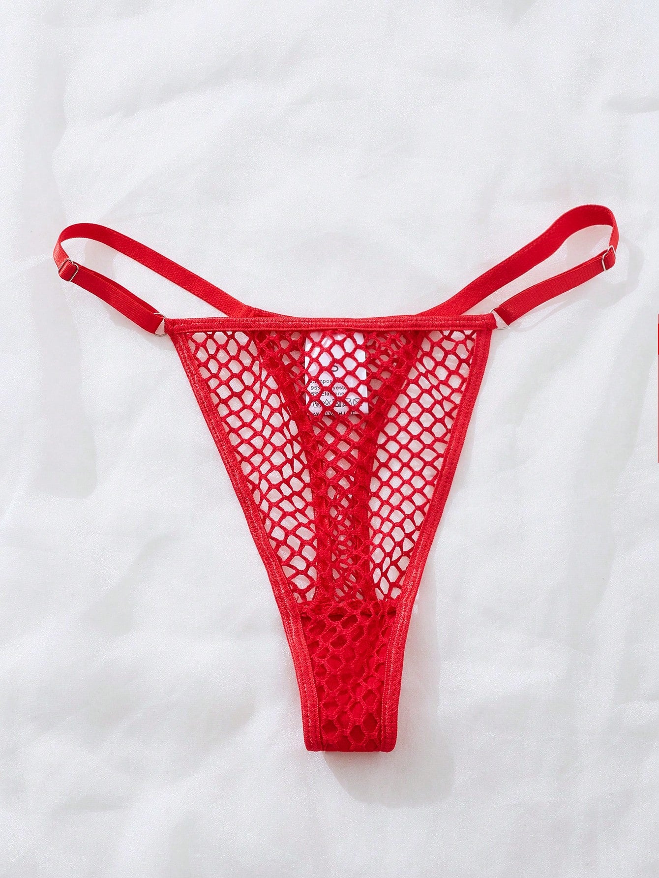Women's 2-piece mesh lingerie set with hollow out detail, underwire bra, adjustable spaghetti straps, and matching low-rise thong panties in a sheer plain design.