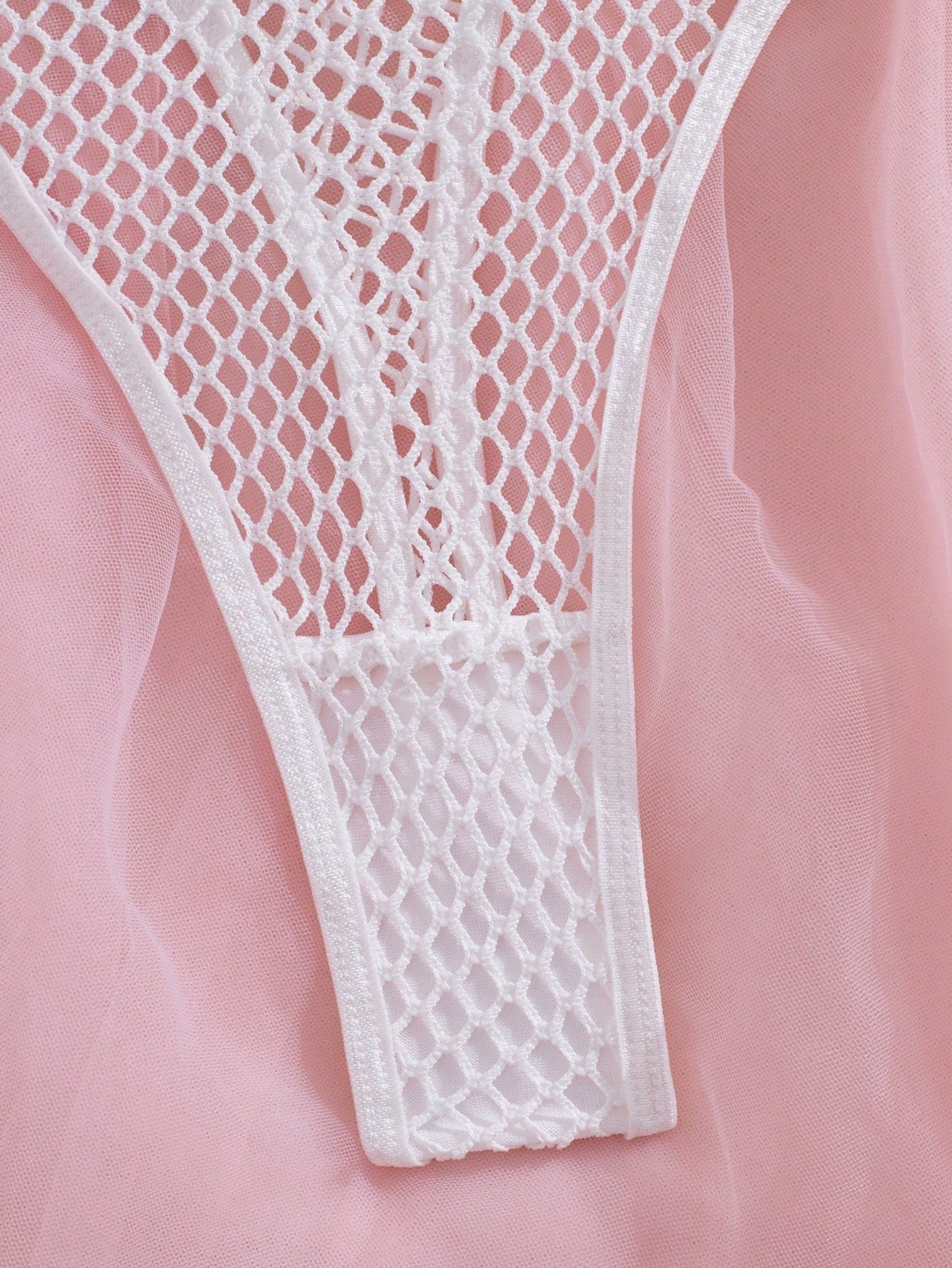 Women's 2-piece mesh lingerie set with hollow out detail, underwire bra, adjustable spaghetti straps, and matching low-rise thong panties in a sheer plain design.