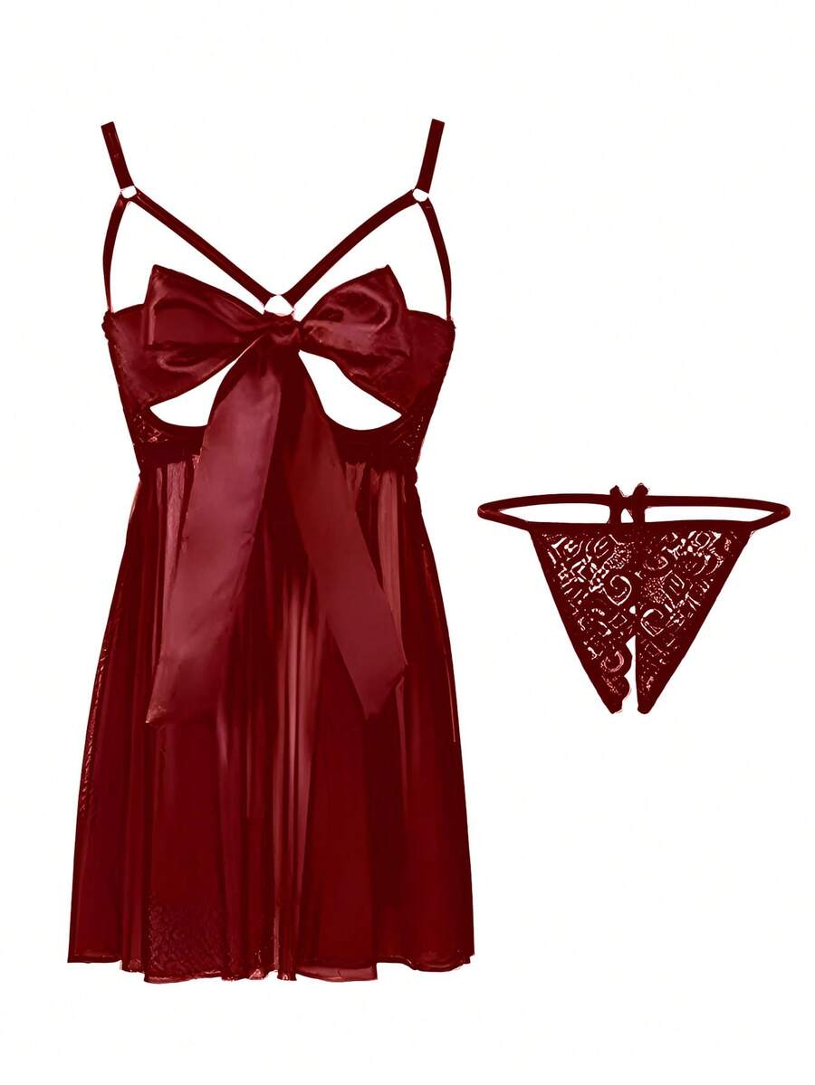 Women's burgundy 2-piece plus size lace babydoll lingerie set featuring a backless ribbon tie back design with adjustable straps and a matching thong.