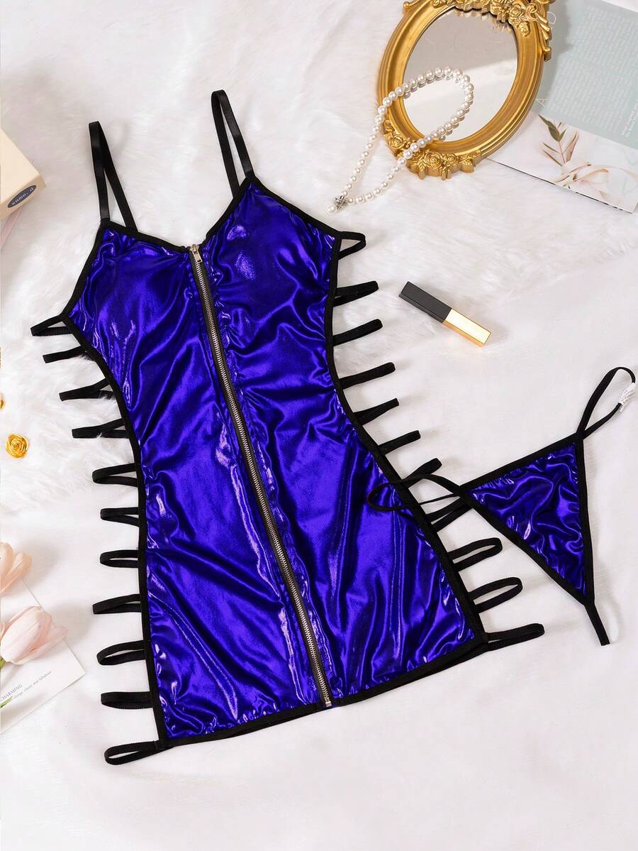 Women's 2-piece hollow out lingerie set featuring a black short slip nightgown with adjustable spaghetti straps and matching thong.
