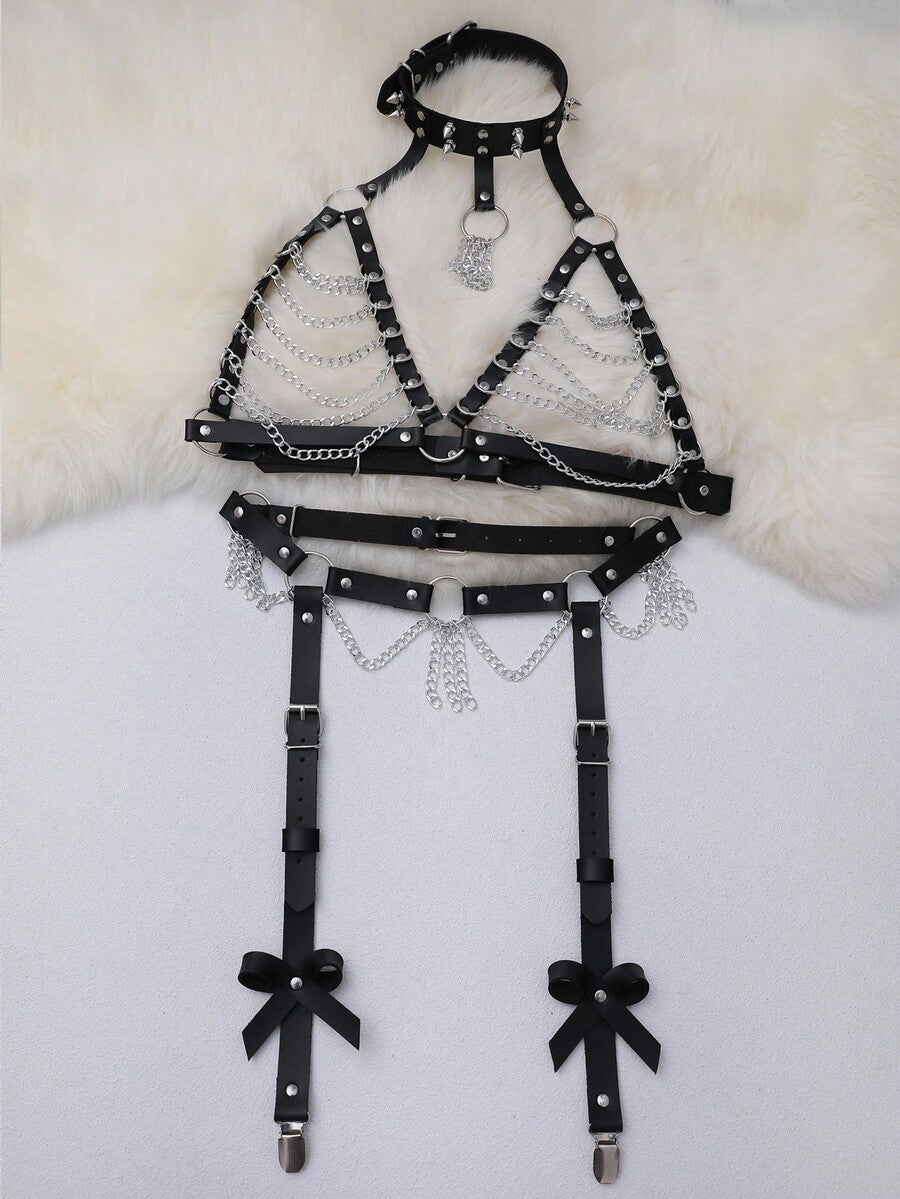 Women's 2-piece black PVC leather harness lingerie set featuring backless hollow-out design and knot details.