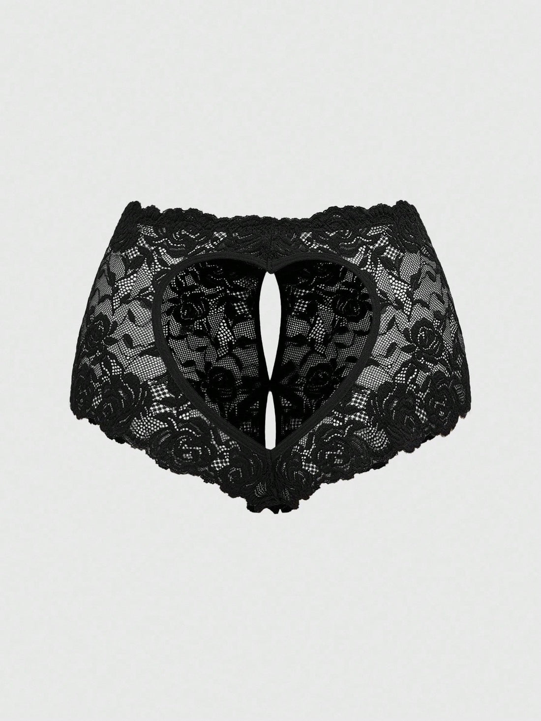 Black lace crotchless panties featuring a gothic hollow heart cutout design in sheer mid-rise fabric for women.