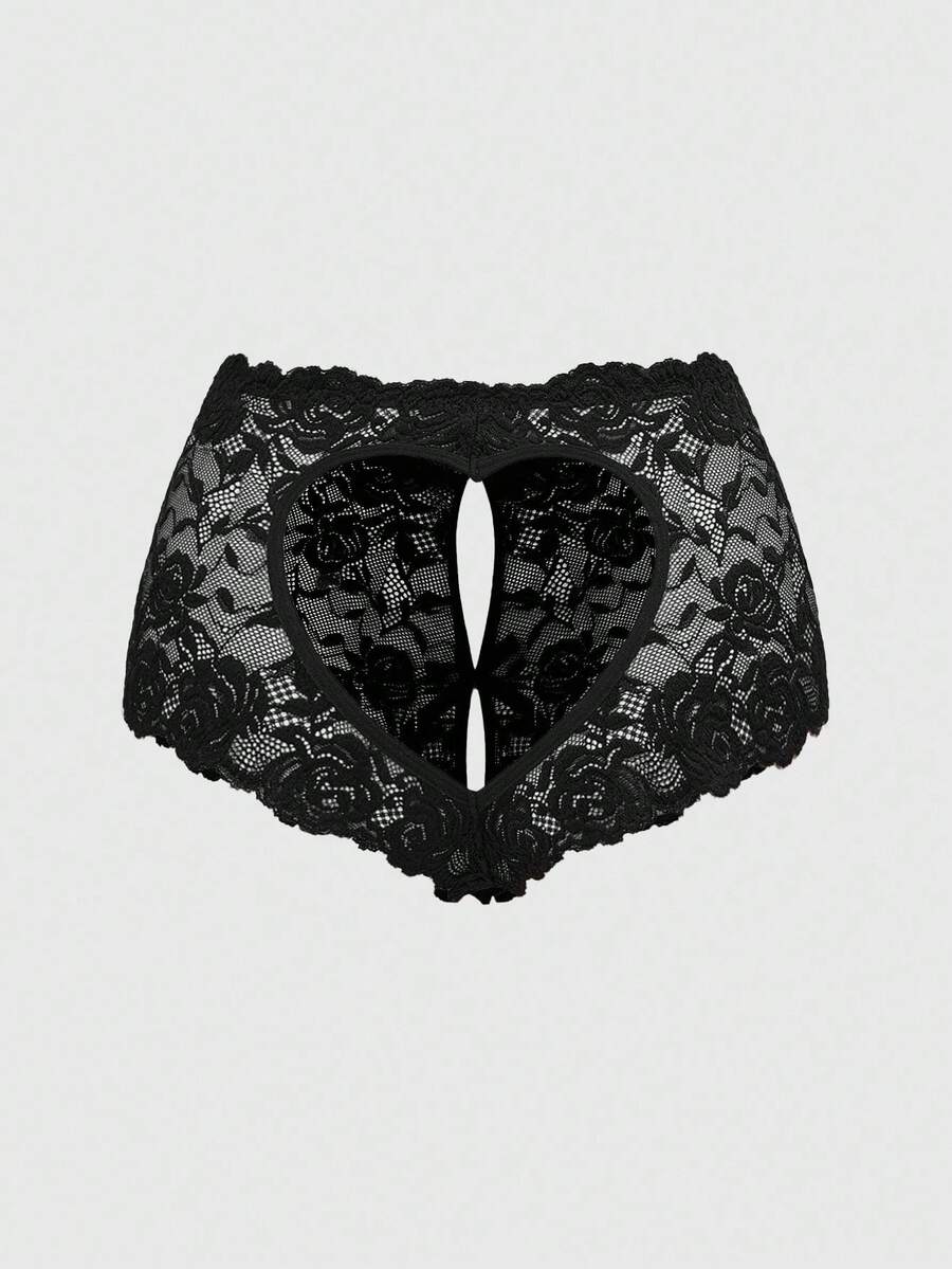 Black lace crotchless panties featuring a gothic hollow heart cutout design in sheer mid-rise fabric for women.