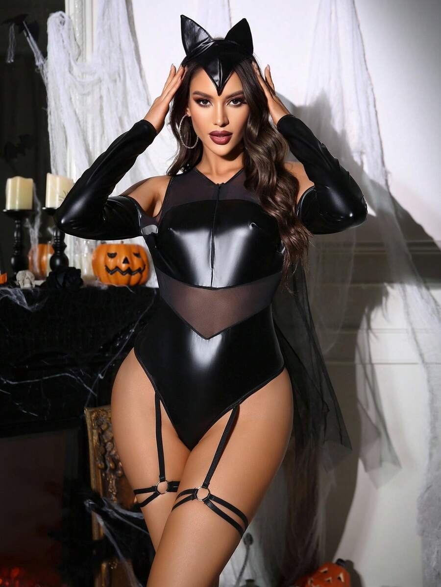 Black V-neck lingerie costume set for women featuring contrast mesh details, zipper accent, wireless unlined design, and slight stretch fabric for Halloween cosplay.