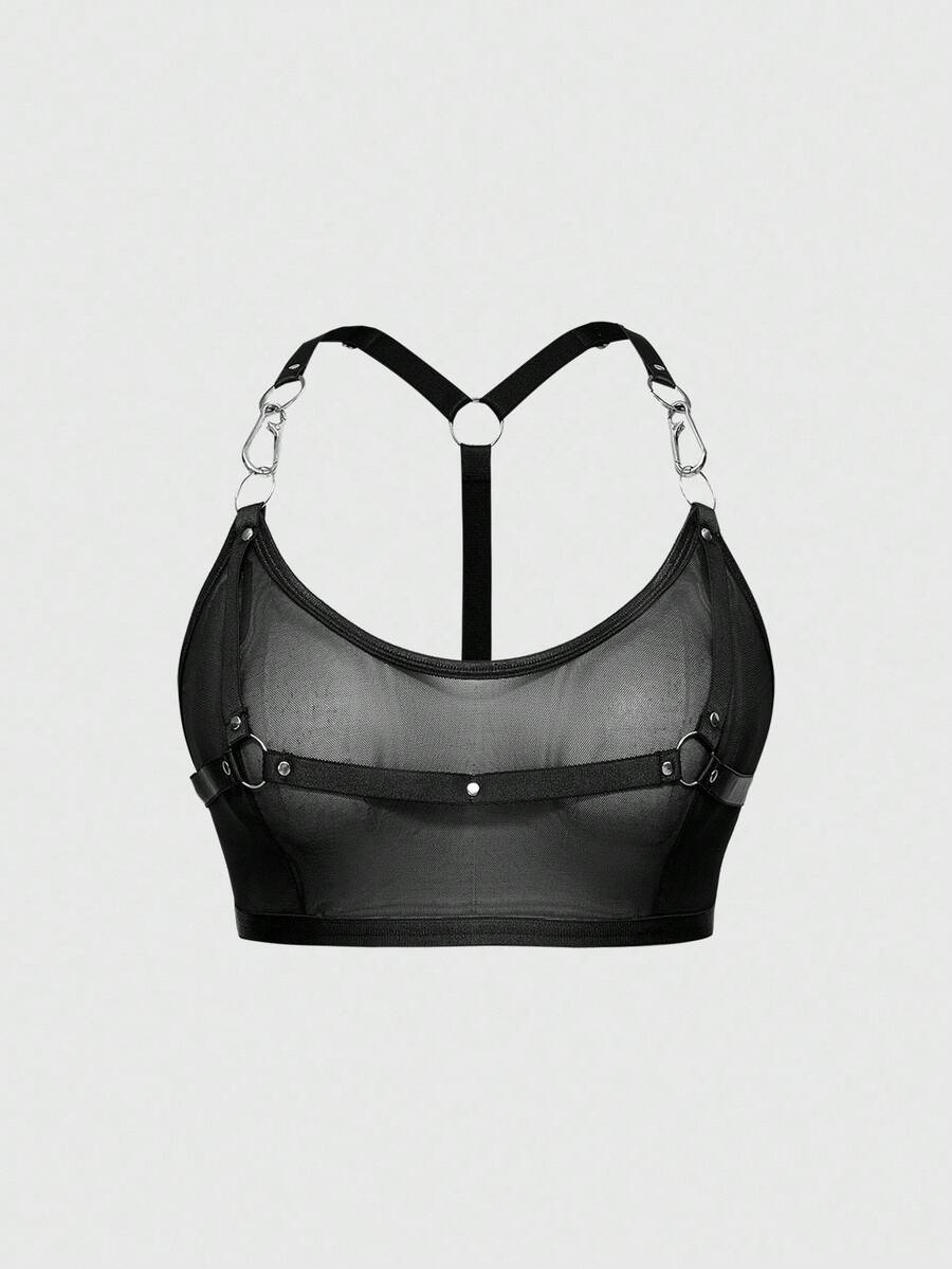 Black sheer mesh plus size bralette featuring adjustable spaghetti straps and dark goth style.