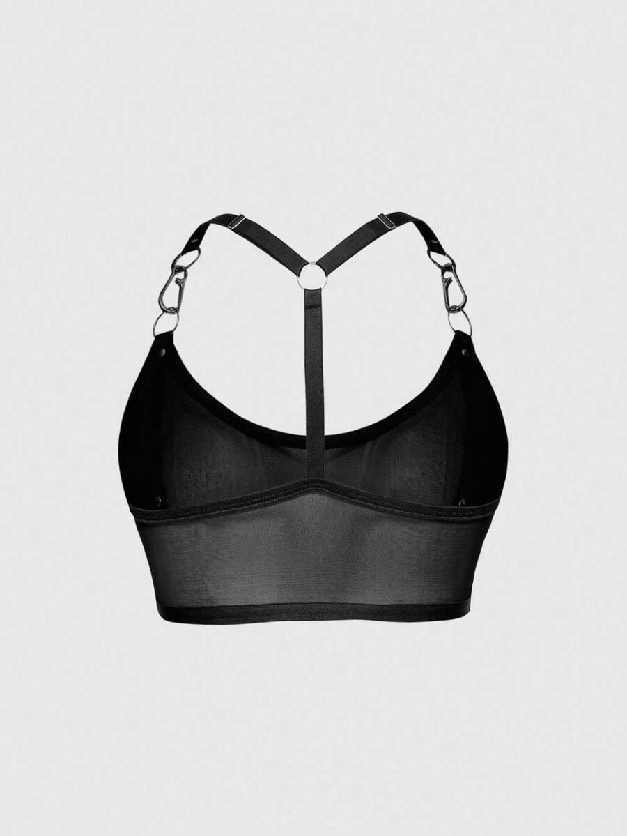 Black sheer mesh plus size bralette featuring adjustable spaghetti straps and dark goth style.