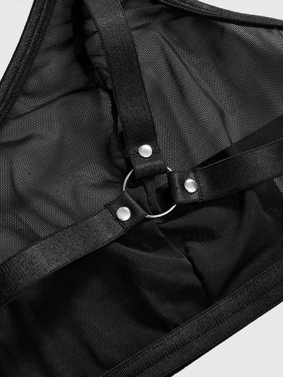 Black sheer mesh plus size bralette featuring adjustable spaghetti straps and dark goth style.