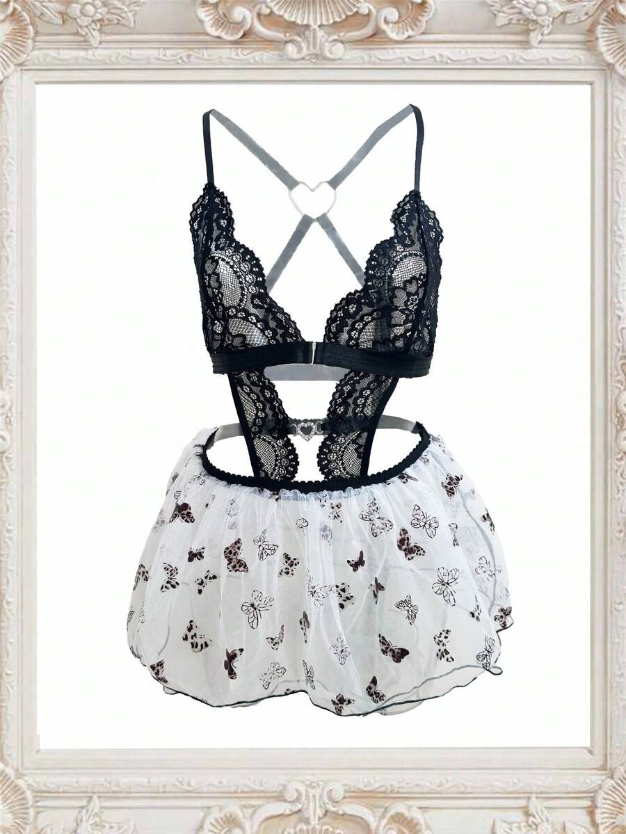 Black and white 2-piece goth mesh nightgown babydoll set for women featuring sheer fabric, backless design with bow detail, adjustable spaghetti straps, wireless bralette, and low-rise thong.