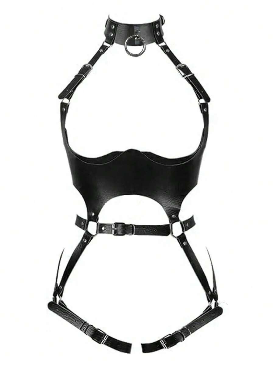 Black PVC leather harness lingerie set for women featuring ring details, restraint straps, thigh garters, and goth Y2K style.