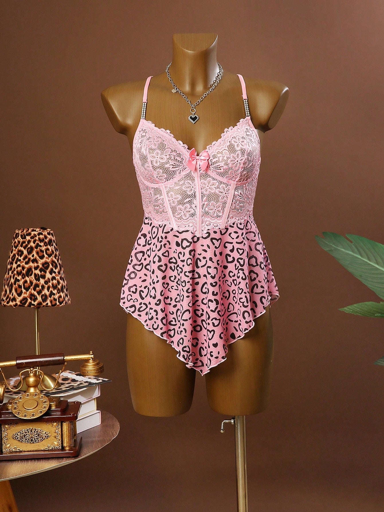 Women's sheer mesh lace patchwork nightgown with plant print, adjustable spaghetti straps, backless design, and bow knot detail