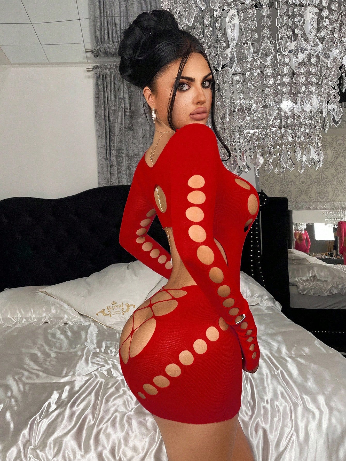 1pc Women's Sexy Fuchsia Bodycon Semi-Sheer Fishnet Dress, Suitable For Party, Nightclub, Beach