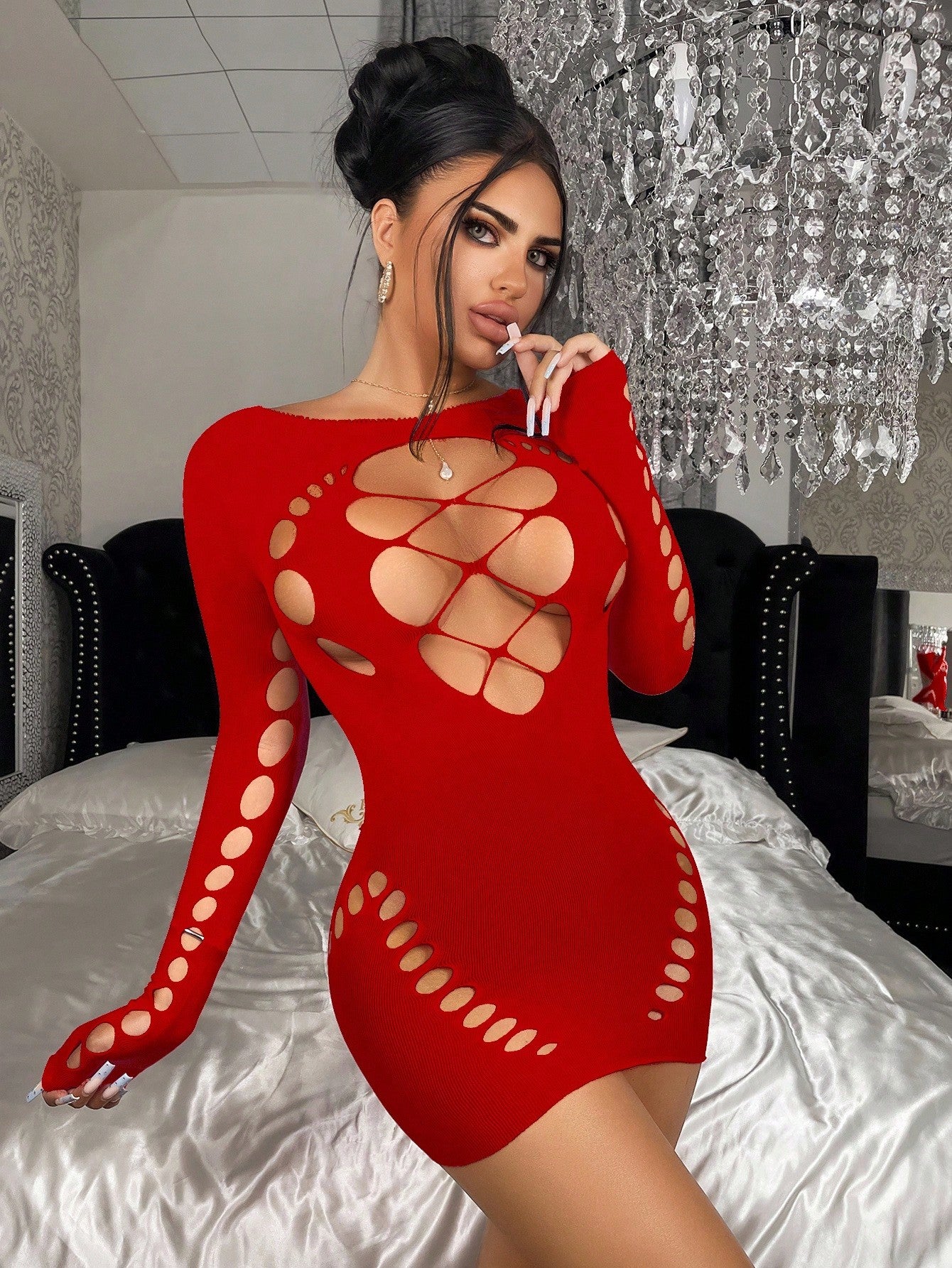 1pc Women's Sexy Fuchsia Bodycon Semi-Sheer Fishnet Dress, Suitable For Party, Nightclub, Beach