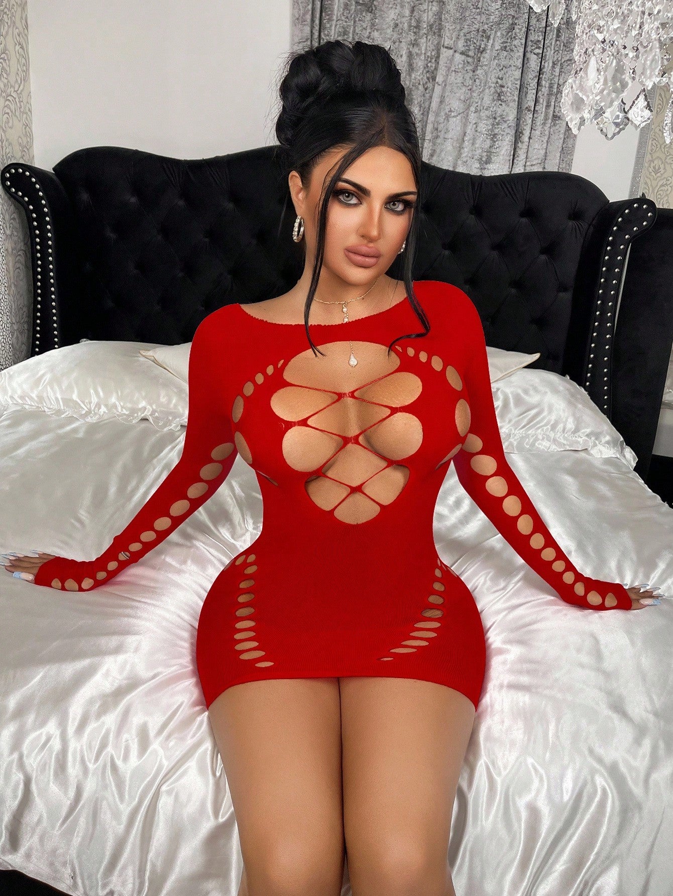 1pc Women's Sexy Fuchsia Bodycon Semi-Sheer Fishnet Dress, Suitable For Party, Nightclub, Beach