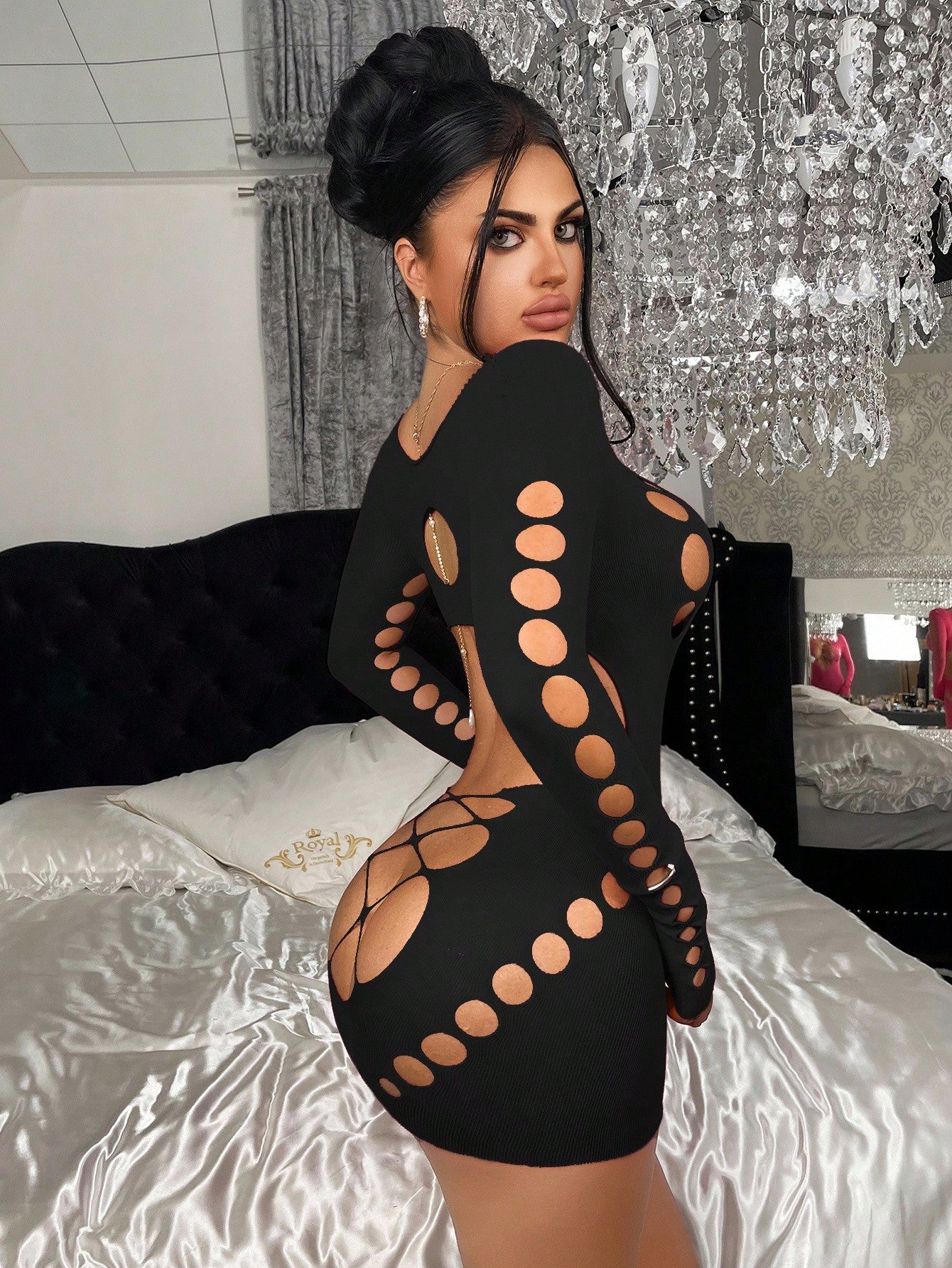 1pc Women's Sexy Fuchsia Bodycon Semi-Sheer Fishnet Dress, Suitable For Party, Nightclub, Beach