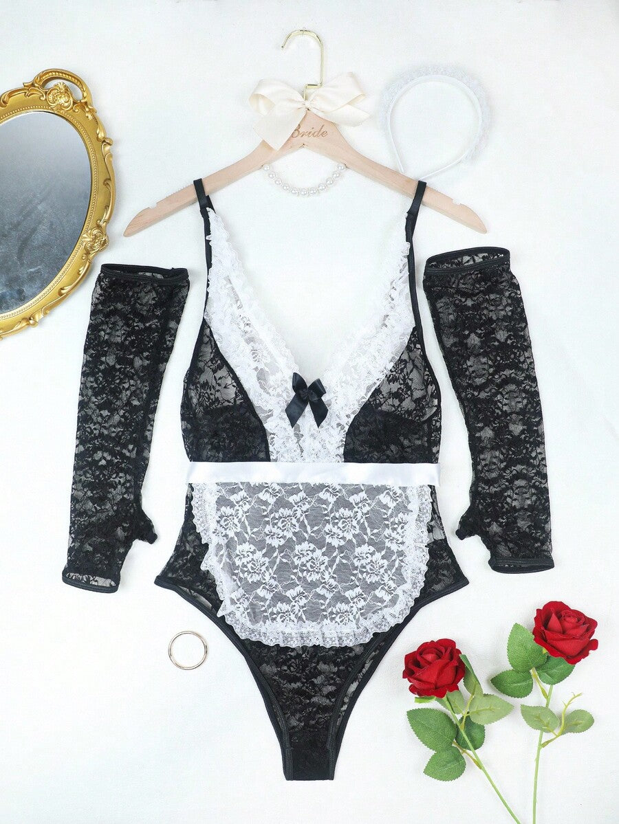 Black and white 5-piece women's lace bodysuit lingerie set featuring contrast lace trim, bow details, wireless teddy design, and adjustable spaghetti straps.