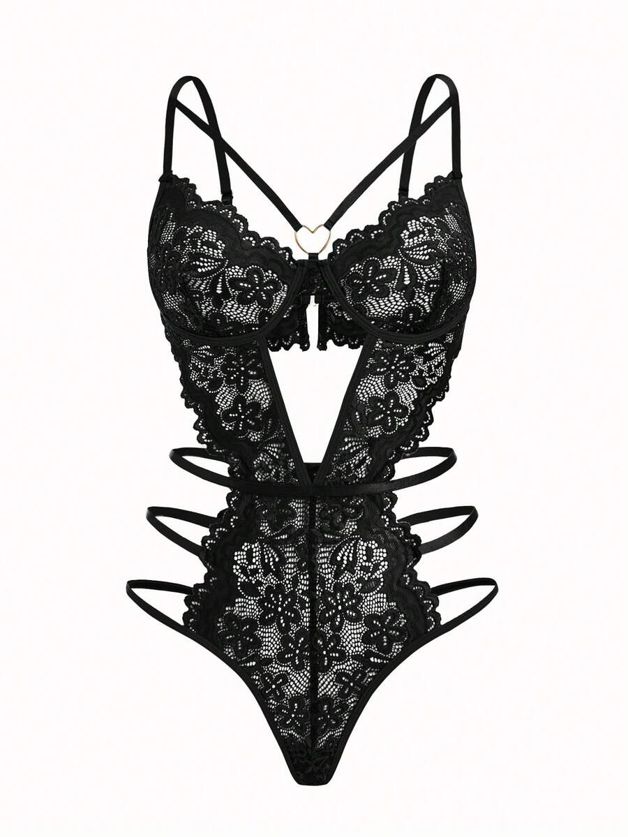 Front view of women's black lace teddy lingerie featuring semi-sheer fabric, hollow design with metal ring, adjustable spaghetti straps, and thong cut.