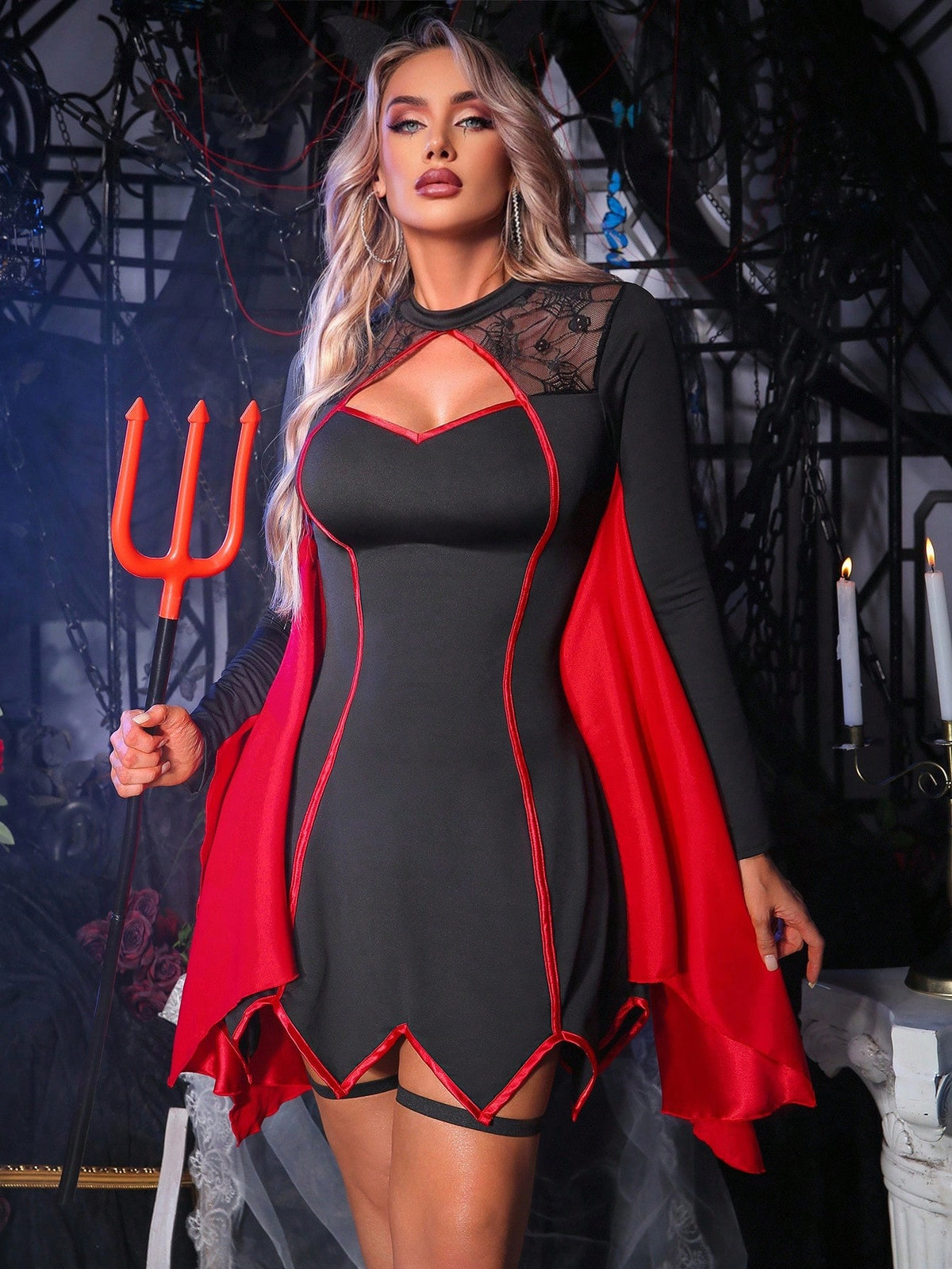 Black 5-piece Halloween cosplay costume set for women featuring contrast lace details, zipper closure, round neck, and long sleeves.
