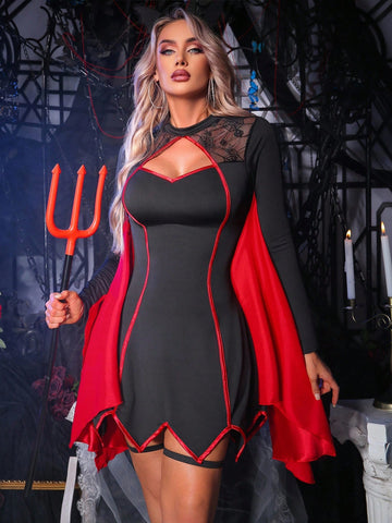 Black 5-piece Halloween cosplay costume set for women featuring contrast lace details, zipper closure, round neck, and long sleeves.