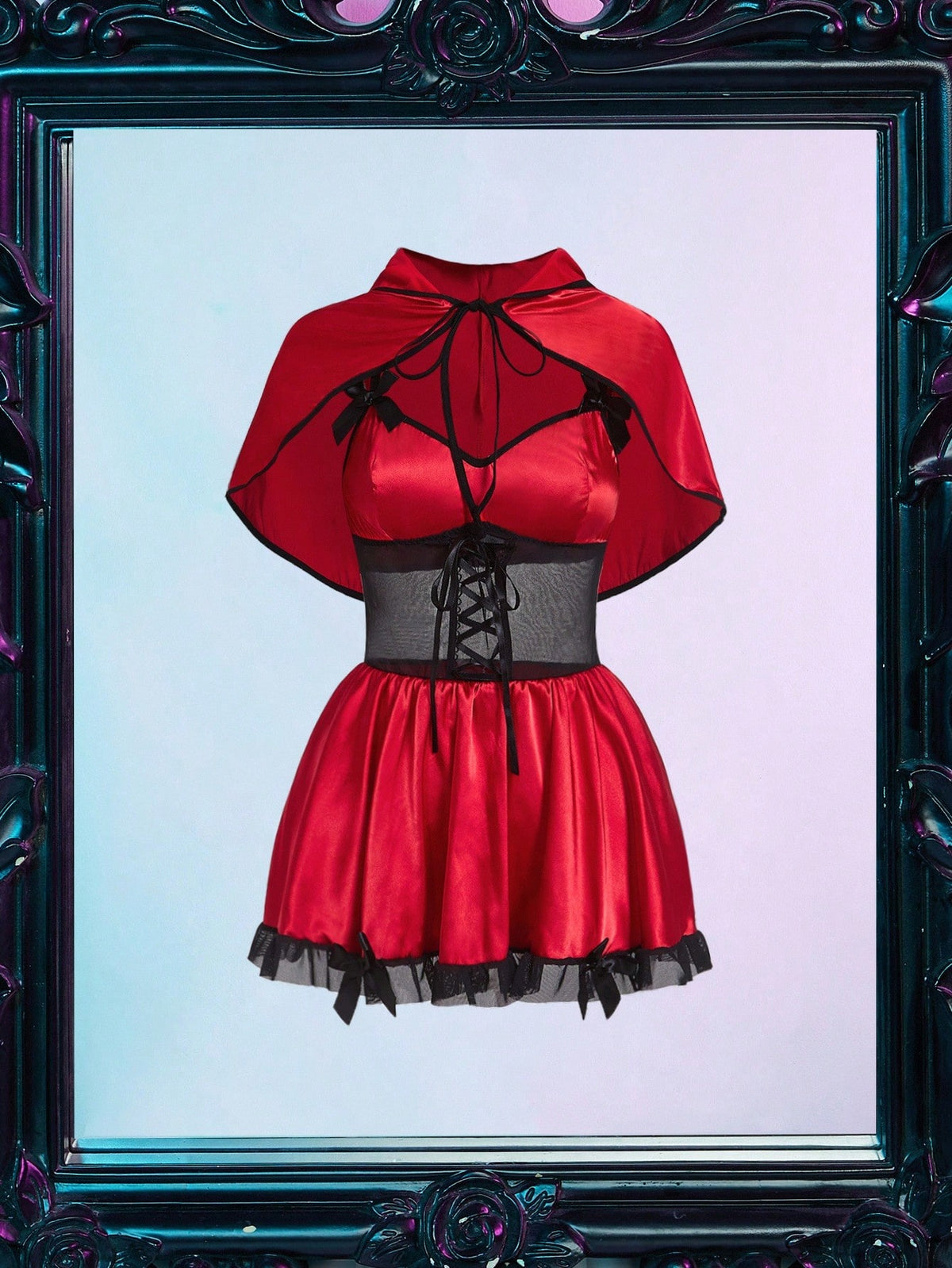 Women's 2-piece pink Halloween costume dress featuring a satin dress with contrast lace trim, ruffle hem, adjustable spaghetti straps, and a matching shawl.