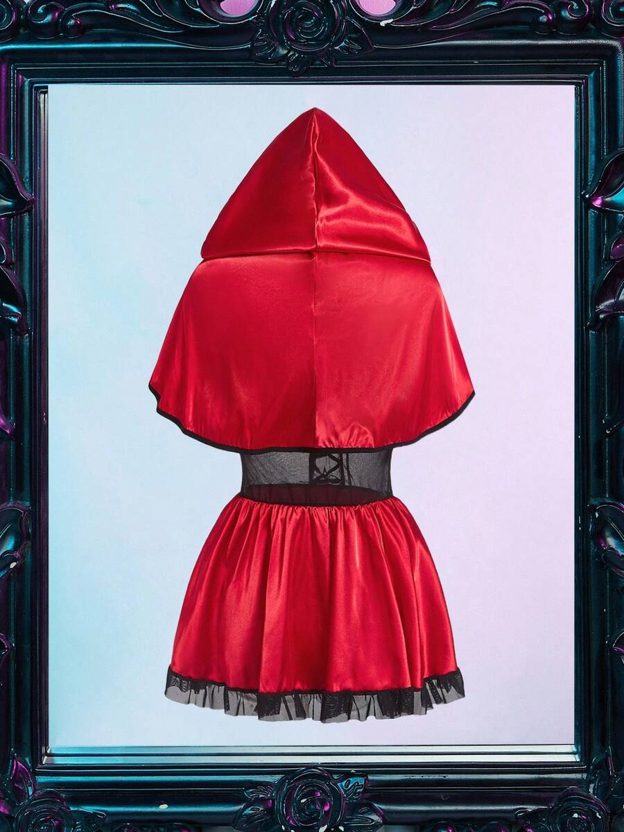 Women's 2-piece pink Halloween costume dress featuring a satin dress with contrast lace trim, ruffle hem, adjustable spaghetti straps, and a matching shawl.