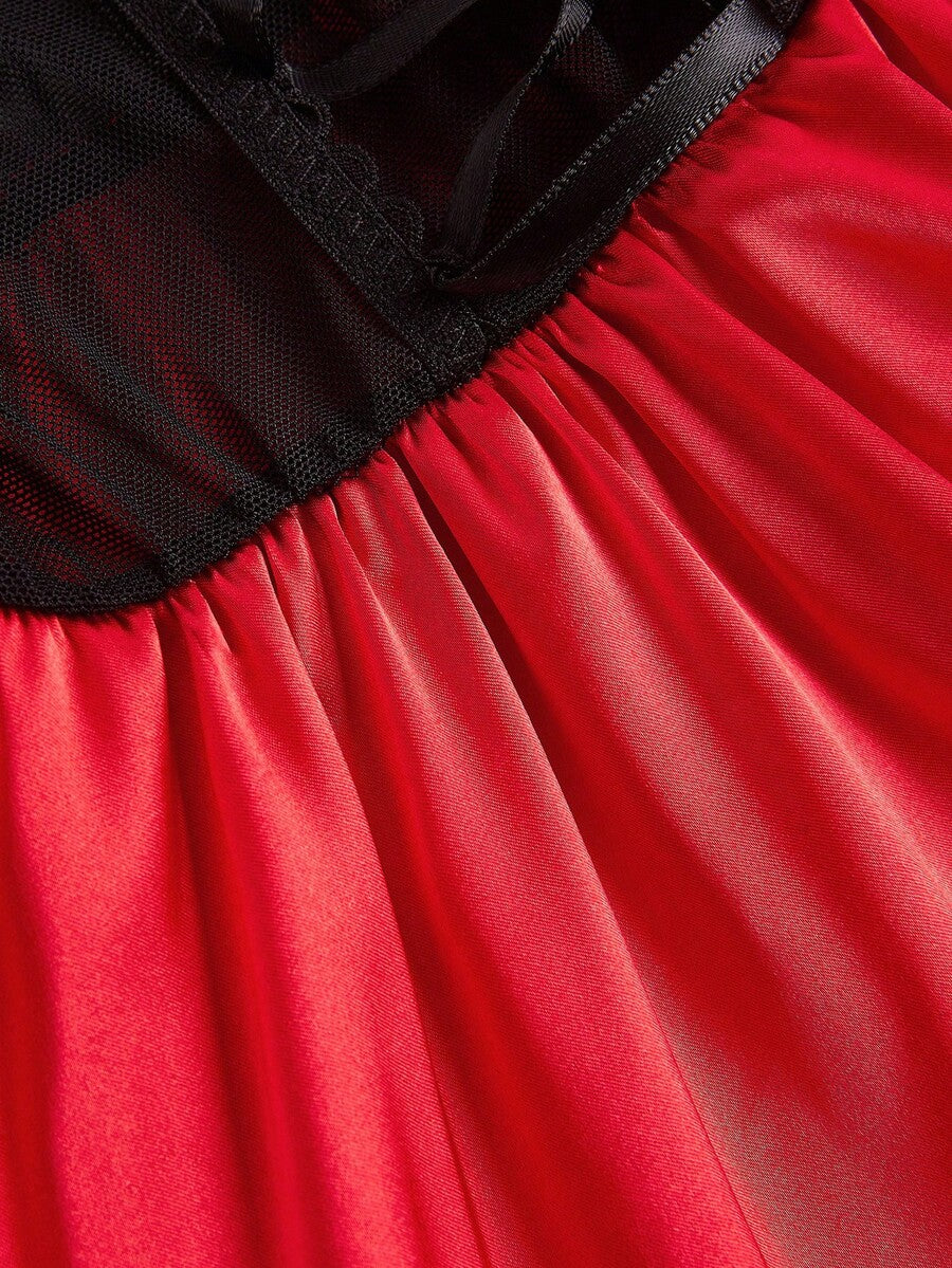Women's 2-piece pink Halloween costume dress featuring a satin dress with contrast lace trim, ruffle hem, adjustable spaghetti straps, and a matching shawl.