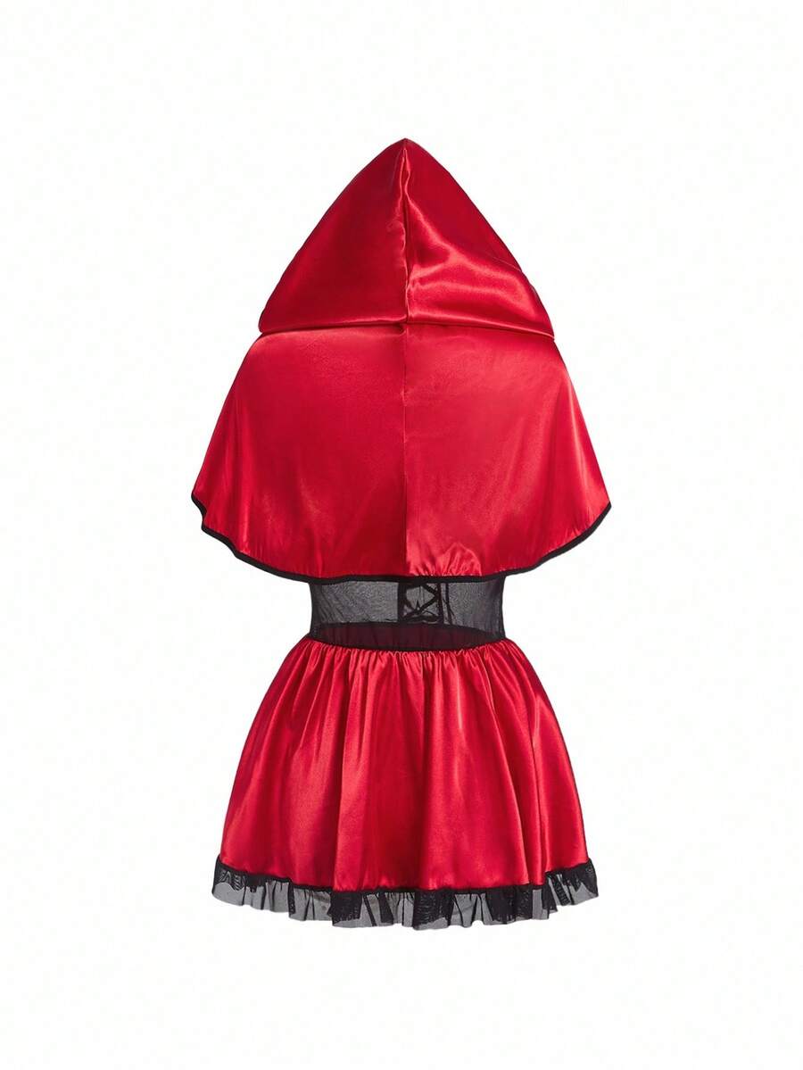Women's 2-piece pink Halloween costume dress featuring a satin dress with contrast lace trim, ruffle hem, adjustable spaghetti straps, and a matching shawl.