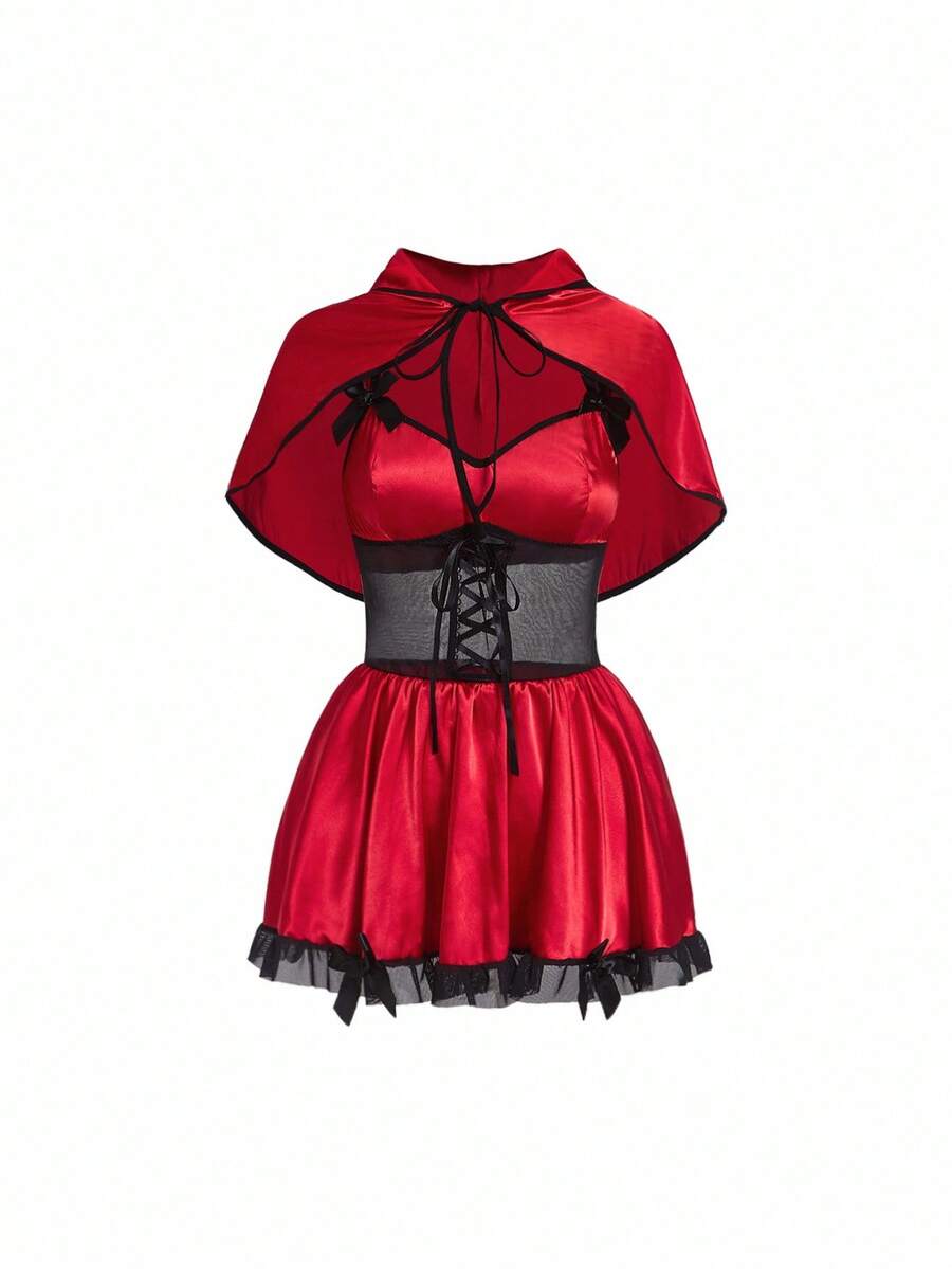 Women's 2-piece pink Halloween costume dress featuring a satin dress with contrast lace trim, ruffle hem, adjustable spaghetti straps, and a matching shawl.