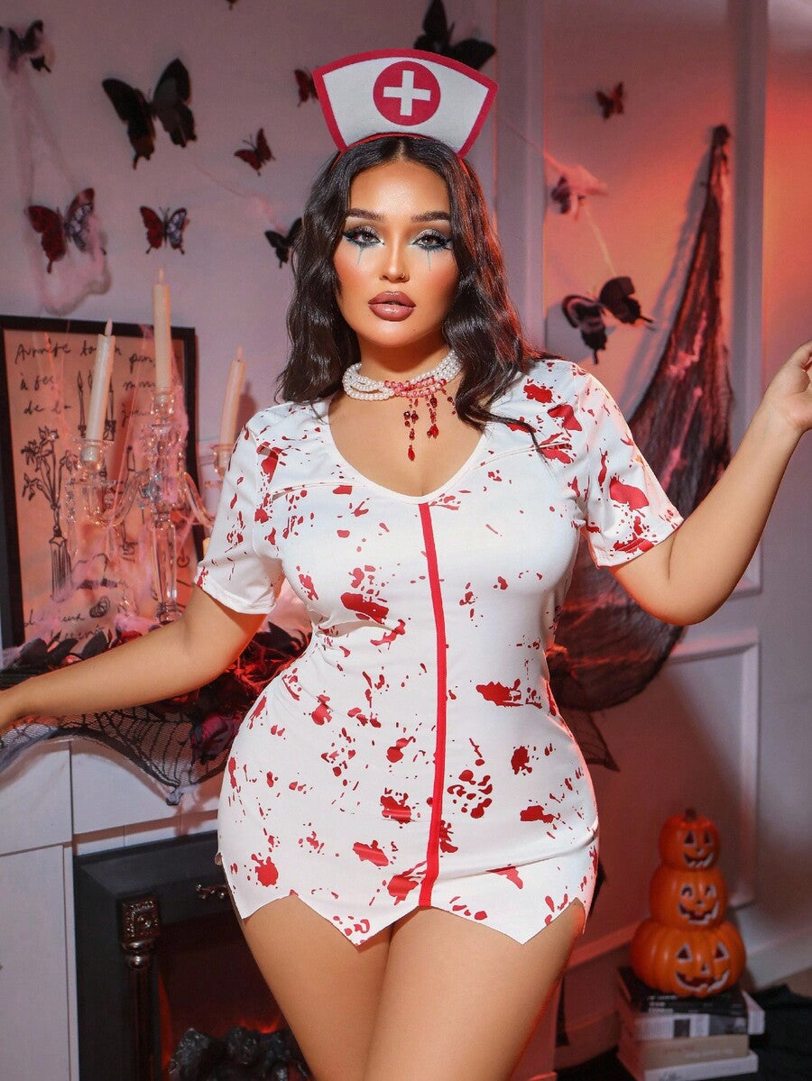 White zombie nurse Halloween costume dress featuring a V-neck, button front, and batwing sleeves.