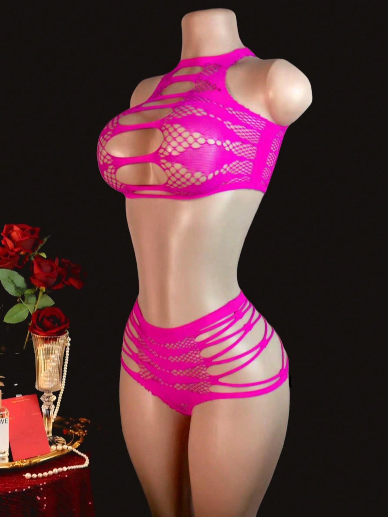 Women's 2-piece lace jumpsuit lingerie set with wireless full cup design, sleeveless crop styling, semi-sheer look, and high-stretch knitted fabric.