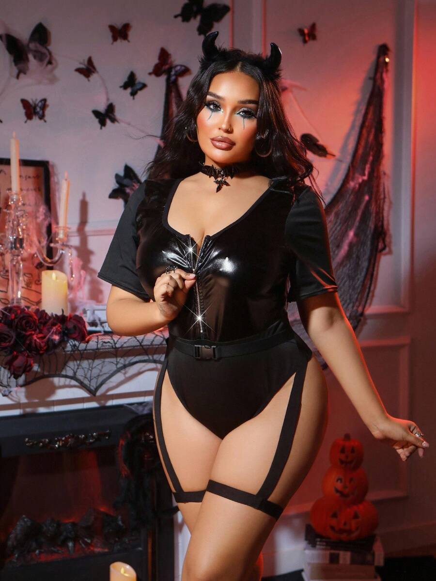 Women's 3-piece black PU leather Halloween jumpsuit costume set featuring half sleeves, scoop neck, and zipper detail.