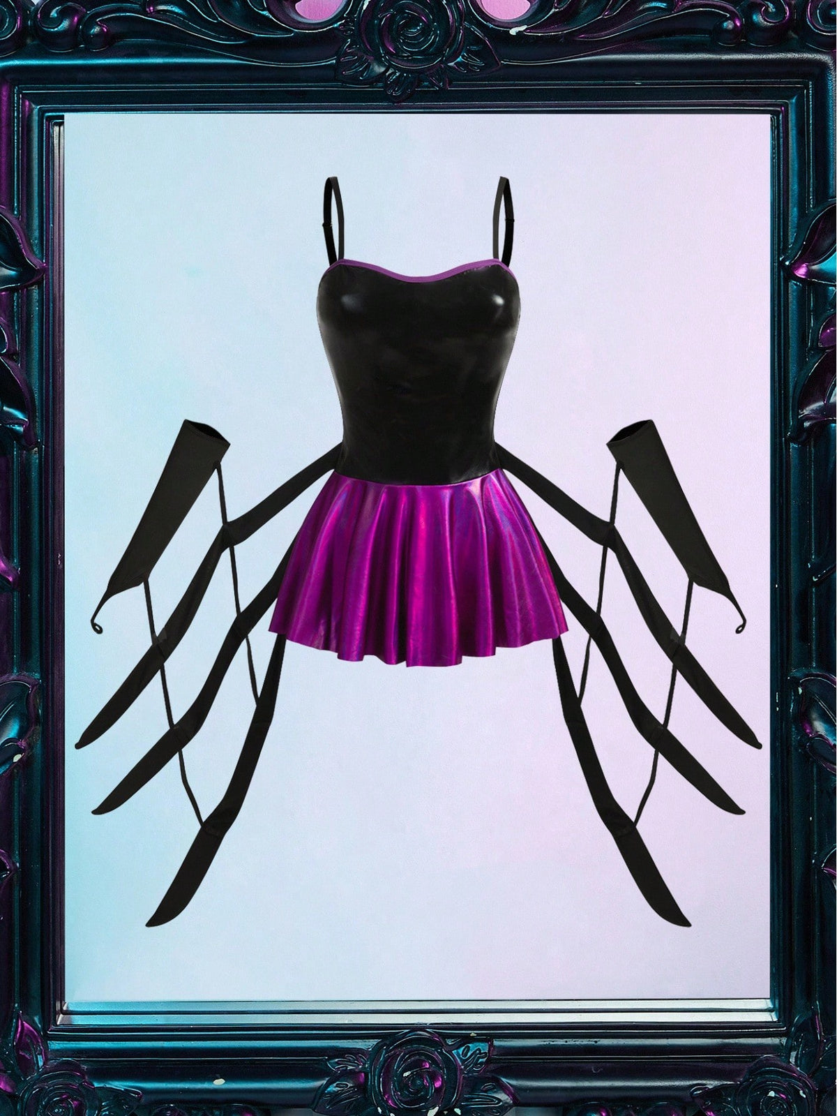 Multicolor Spider Demon 3D glossy reflective coated slip dress with adjustable spaghetti straps and backless design for Halloween.