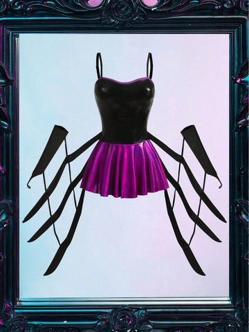 Multicolor Spider Demon 3D glossy reflective coated slip dress with adjustable spaghetti straps and backless design for Halloween.
