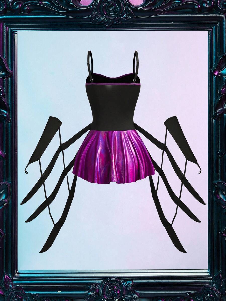 Multicolor Spider Demon 3D glossy reflective coated slip dress with adjustable spaghetti straps and backless design for Halloween.